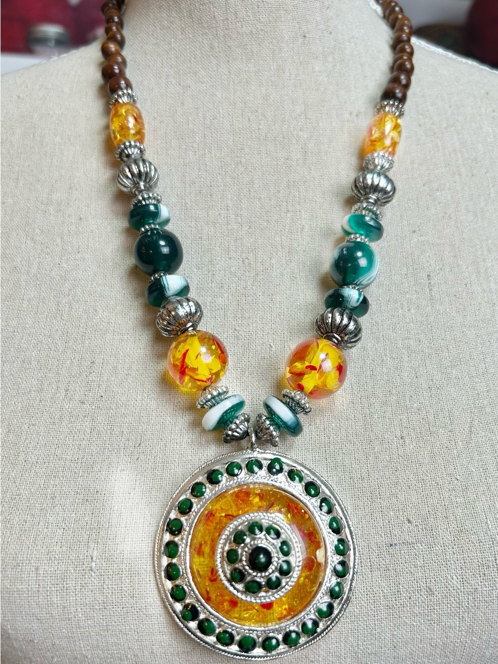 Handcrafted Boho Beaded Statement Necklace, Stunning Beads Maximalist Bold Vibe